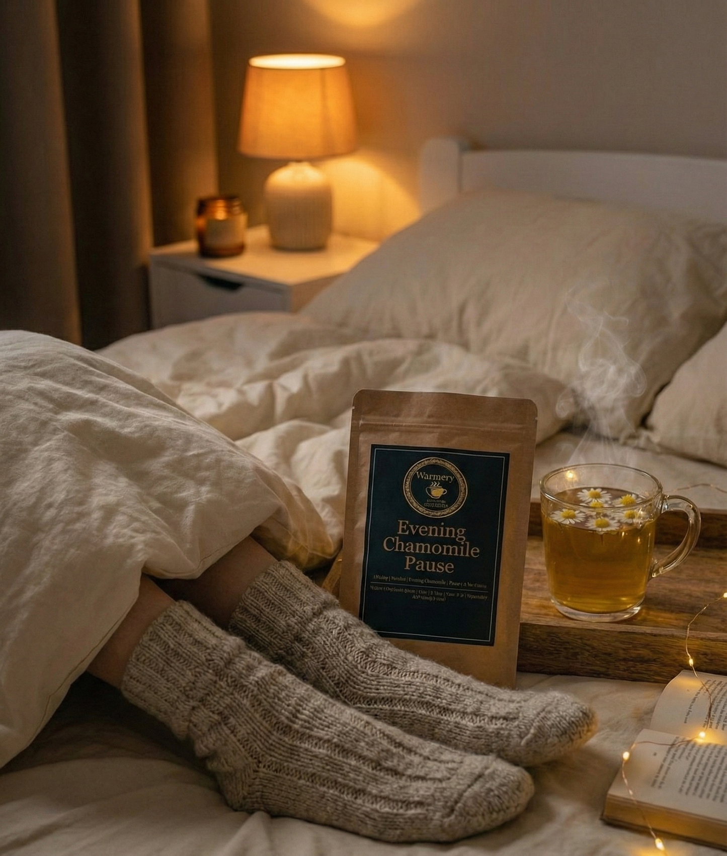 Evening Chamomile Pause Tea Warmery on bed next to legs with winter socks