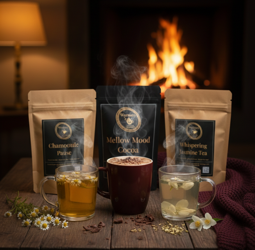 Warmery Whispering Jasmine tea, evening chamomile tea and mellow mood cocoa hot chocolate