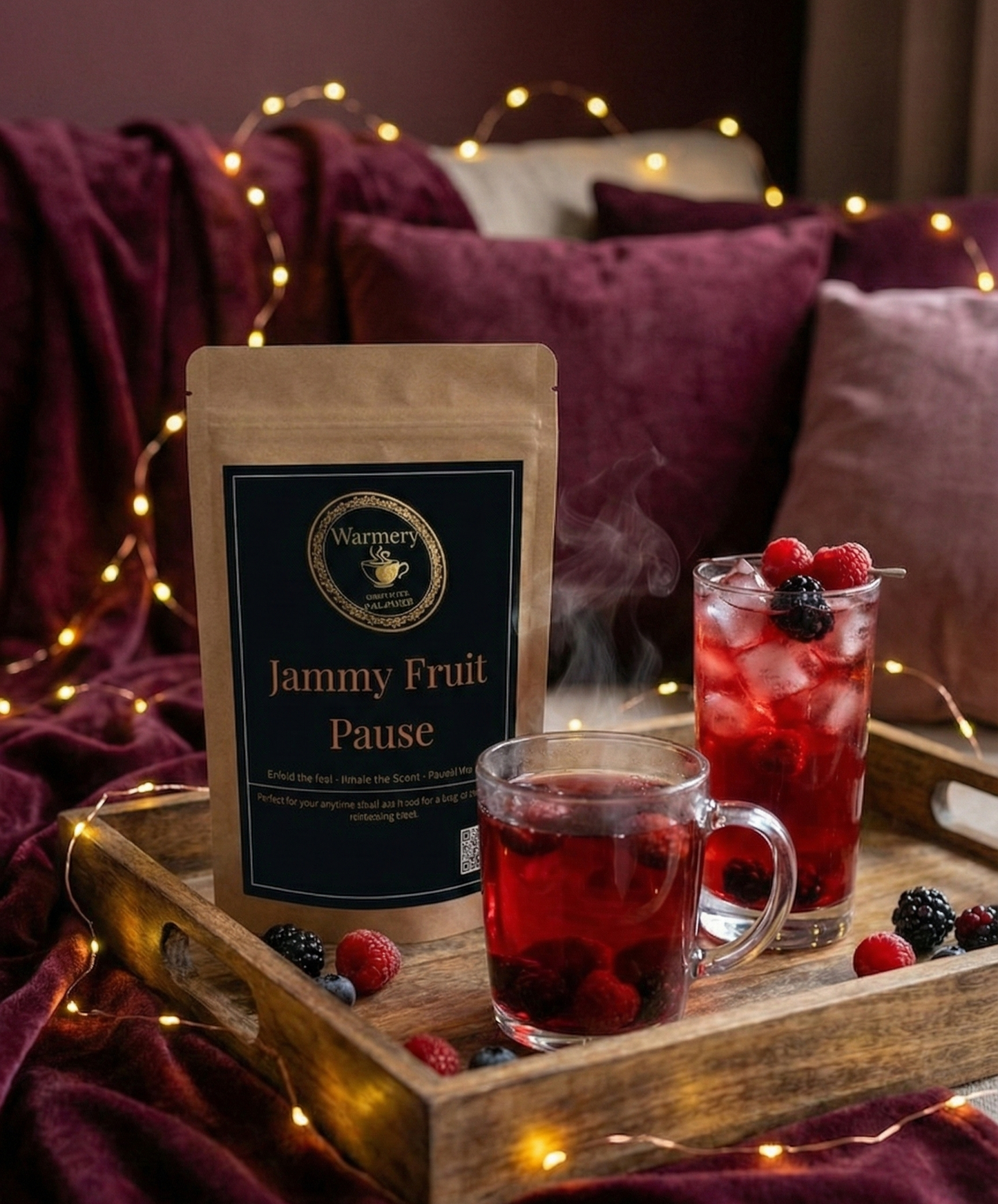 Warmery Jammy Fruit Pause Tea on the tray with fairy lights