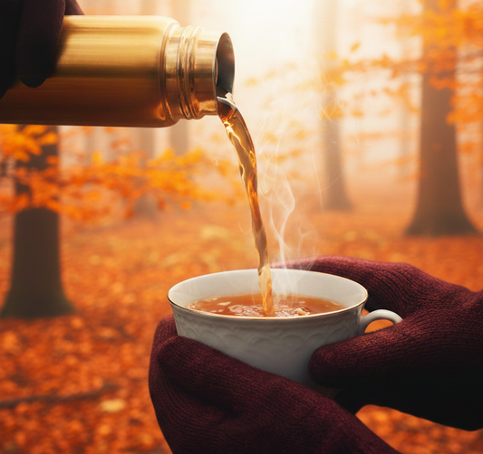 A cinematic macro shot of tea pouring from a thermos into a cup, the amber liquid