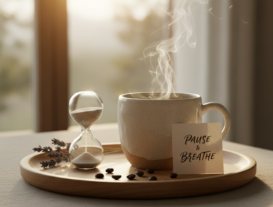 Pause and Breathe note next to sand hourglass and brewing ceramic mug on the tray