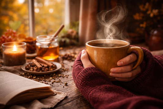 Person holding a steaming mug of tea with both hands during a quiet relaxing moment.