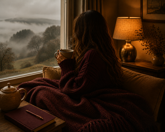 Person with no visible face wrapped in a burgundy knitted blanket and jumper, holding a steaming ceramic mug while looking out across misty rolling hills on a foggy day, illuminated by warm golden table lamp light in a peaceful slow living atmosphere.