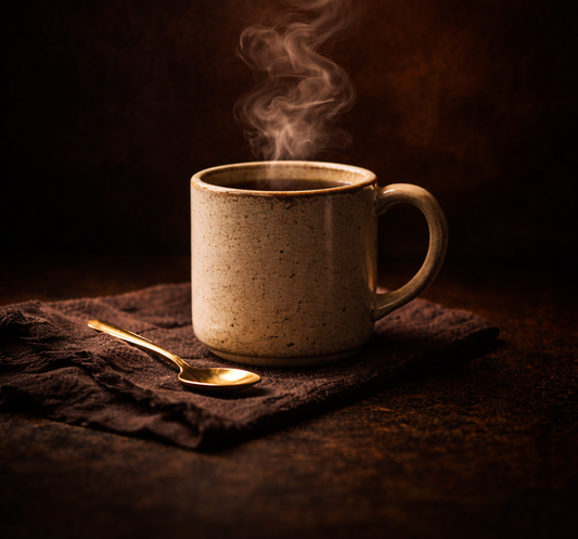 Steaming mug on a dark background creating a calm premium tea ritual atmosphere.