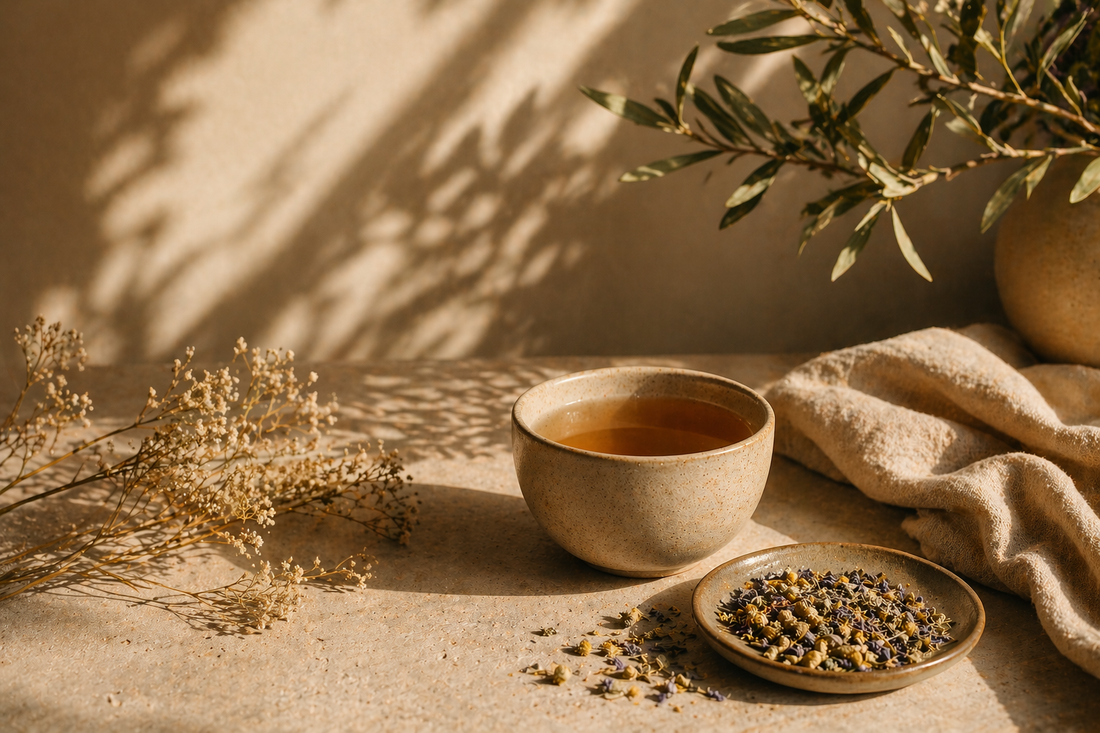 A calming slow living tea ritual scene with warm natural light, a ceramic cup of herbal tea, dried flowers, and soothing neutral textures creating a peaceful atmosphere for mindful living and relaxation.