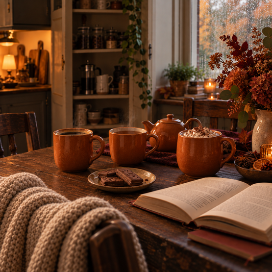 Cosy autumn kitchen scene featuring three matching orange brown ceramic mugs of coffee, tea and hot chocolate, a small teapot