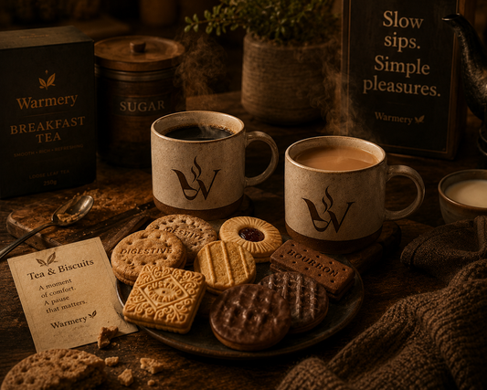 Selection of classic British biscuits arranged beside steaming tea and coffee mugs featuring the Warmery logo, surrounded by cosy kitchen elements and warm amber lighting, creating a luxurious slow living tea and coffee ritual atmosphere.