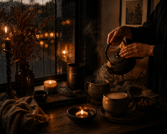 Cinematic candlelit tea and coffee ritual scene with warm amber lighting, rising steam, cosy ceramics and a peaceful luxurious slow living atmosphere.