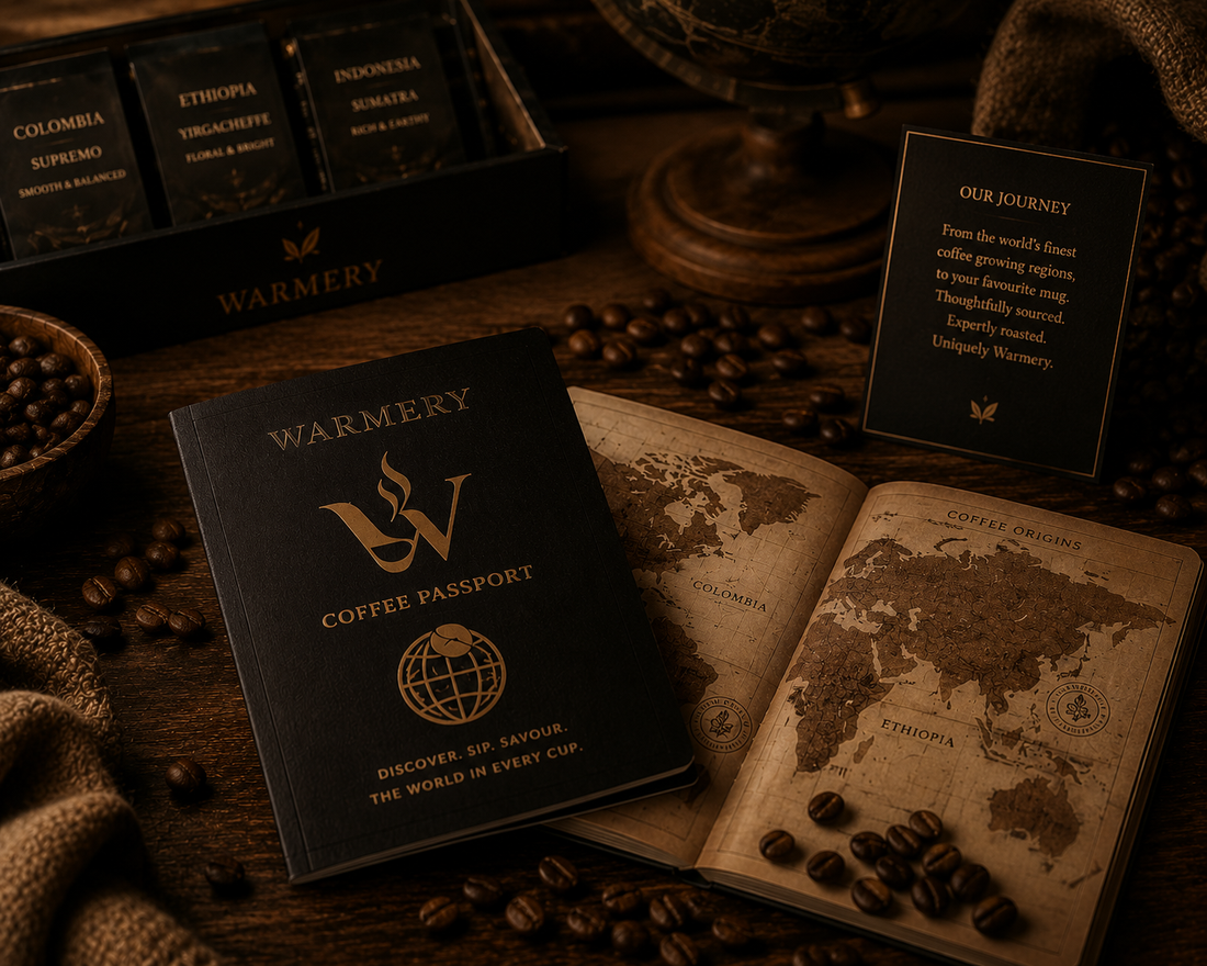 Luxury coffee passport booklet displayed beside a vintage world map, speciality coffee origin cards and scattered coffee beans on a dark wooden table, illuminated by warm amber lighting in a cinematic slow living coffee exploration scene.