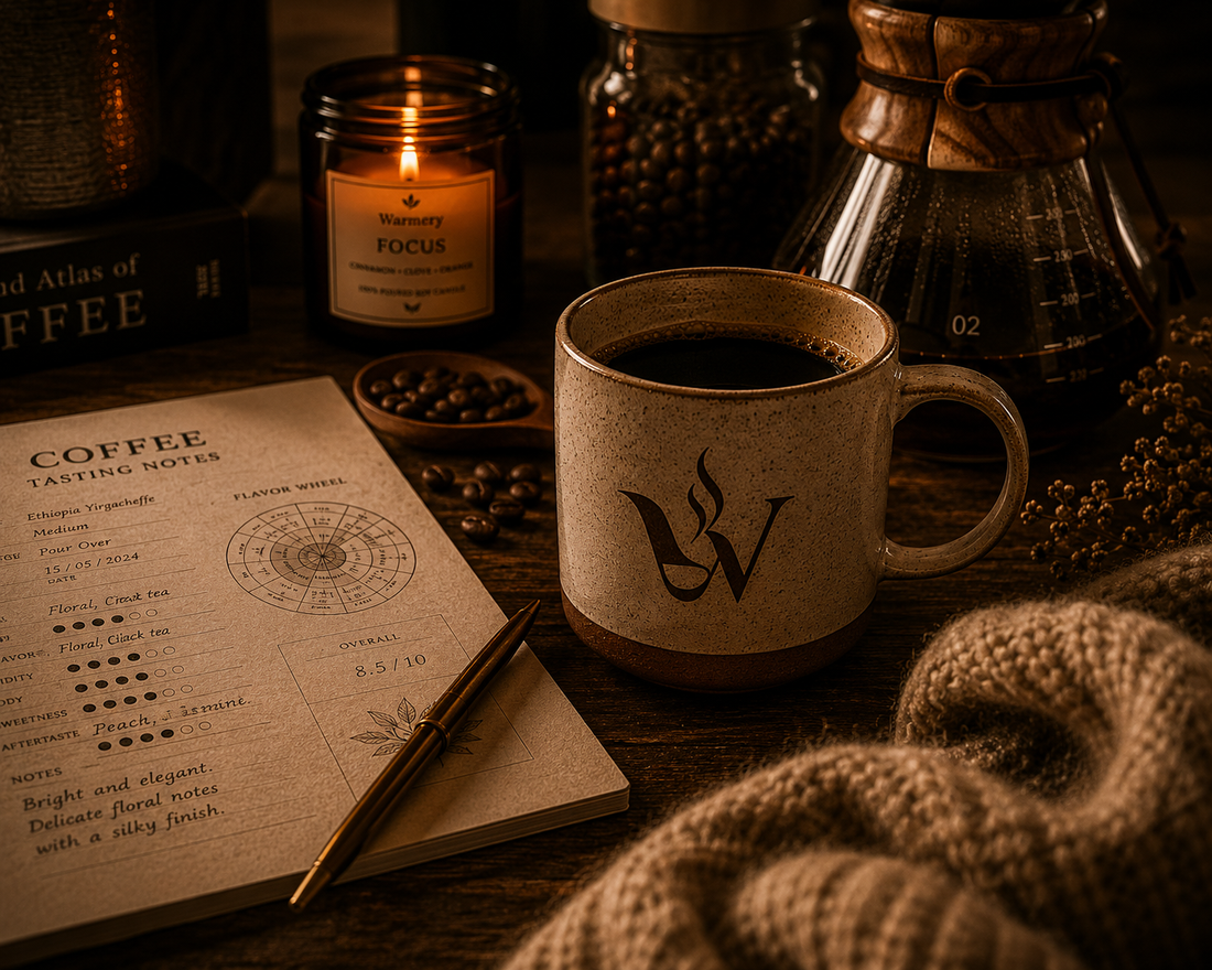 Warmery coffee mug featuring the signature W logo beside a coffee tasting notes sheet, coffee beans, pour over brewer and candlelight, illuminated by rich amber lighting in a cinematic slow living coffee ritual scene.