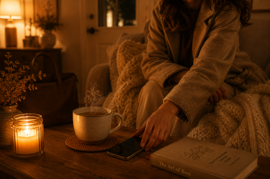 Person arriving home after work and placing their phone beside a steaming cup of tea, with a soft blanket, candlelight and warm amber lighting creating a luxurious slow living atmosphere inspired by the Warmery aesthetic.