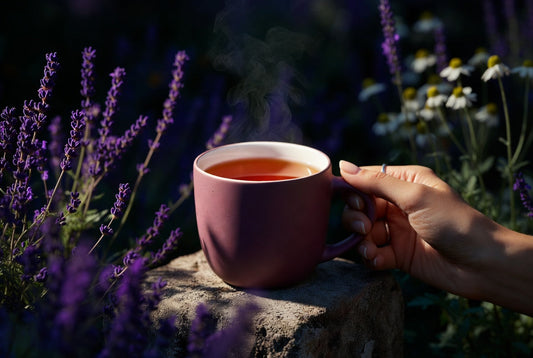 A tranquil image of a hand holding a steaming mug of Warmery calming tea on a stone table in a lavender garden, British setting.