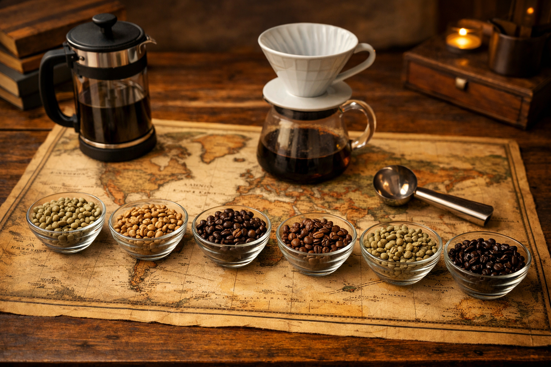 A collection of global coffee beans and brewing equipment for a wellness ritual.