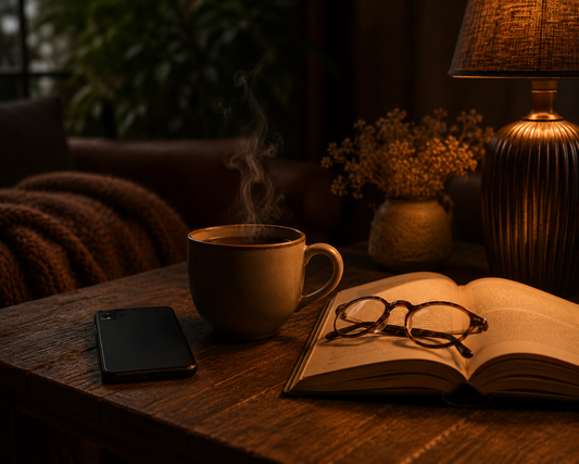 Smartphone placed face down beside a steaming ceramic mug of tea, an open book and reading glasses on a rustic wooden table, illuminated by a warm amber table lamp, creating a peaceful slow living atmosphere.