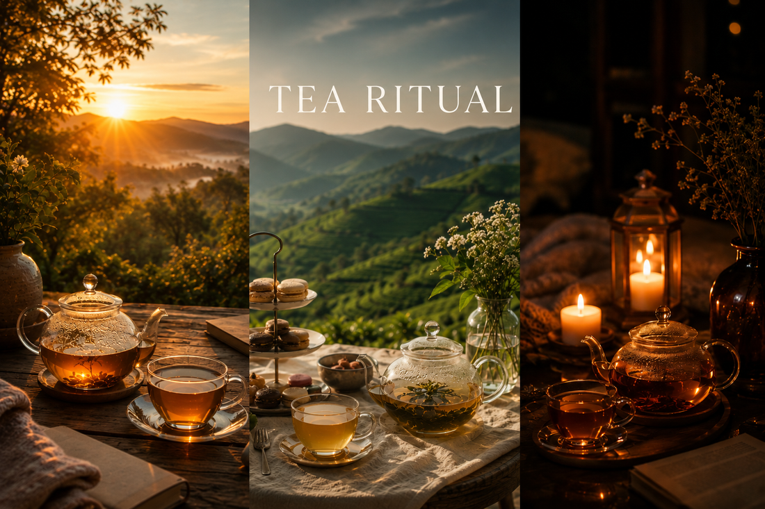 Three panel tea ritual scene showing a peaceful morning tea setting at sunrise, an elegant afternoon tea arrangement overlooking green hills and a cosy evening tea scene with warm ambient lighting, creating a luxurious slow living atmosphere.