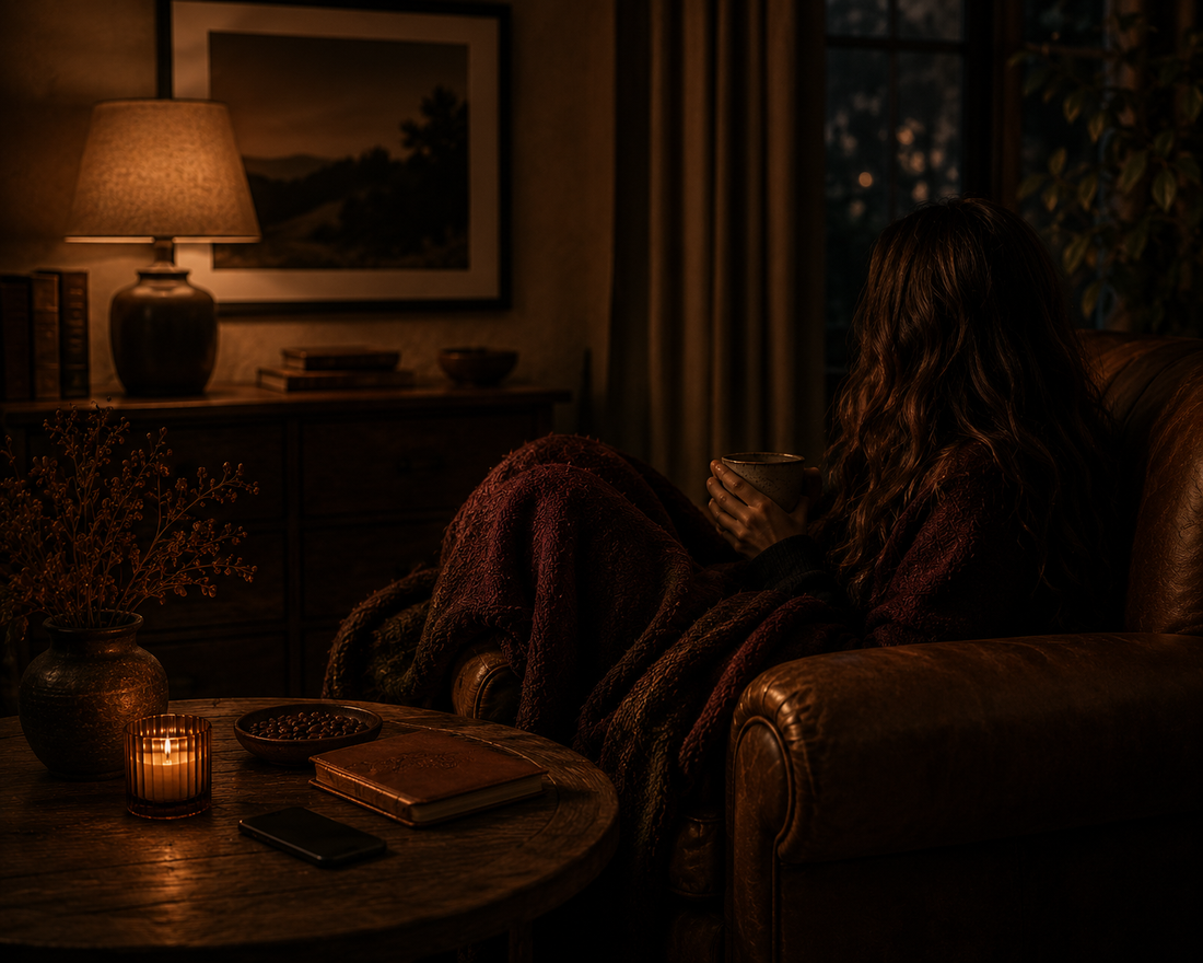 A moody cinematic evening living room scene featuring a person wrapped in a blanket beside warm amber lamp light, an untouched phone on a wooden table, candlelight, and deep cosy Warmery inspired tones.