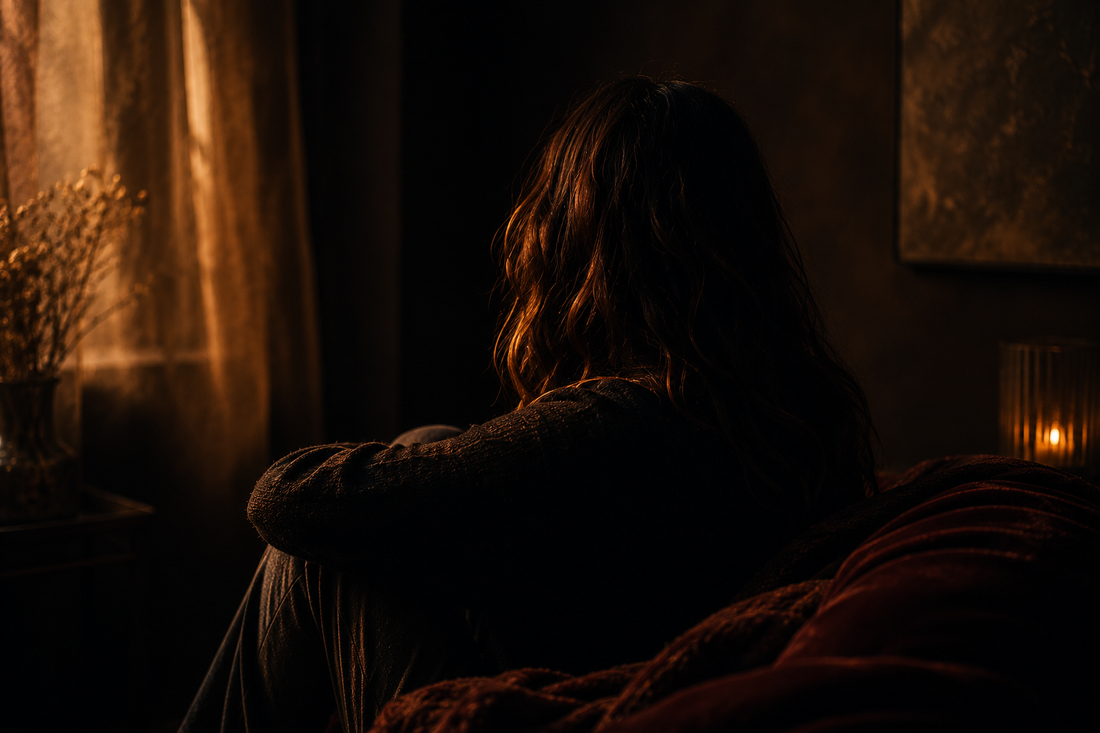 A cinematic moody interior featuring a person sitting quietly with their back turned in deep amber lighting, surrounded by velvet textures, soft shadows, and a warm glowing window creating a reflective and emotionally overwhelmed atmosphere.