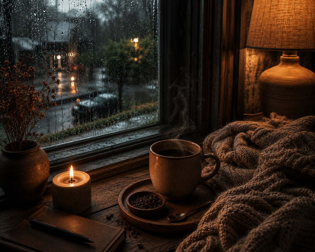 A cinematic rainy window tea scene featuring a steaming ceramic mug beside a soft knitted blanket, realistic rain covered window, sculptural ceramic candle, warm amber lamp lighting, and a calm moody slow living Warmery inspired atmosphere.