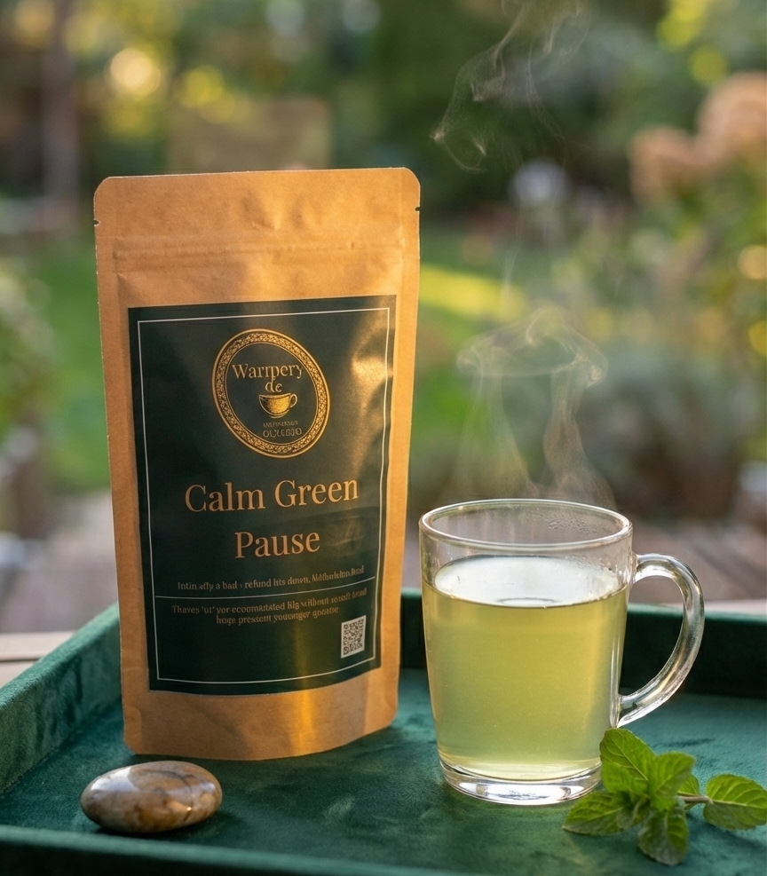 CalmGreenPausewithcupofteanexttoit