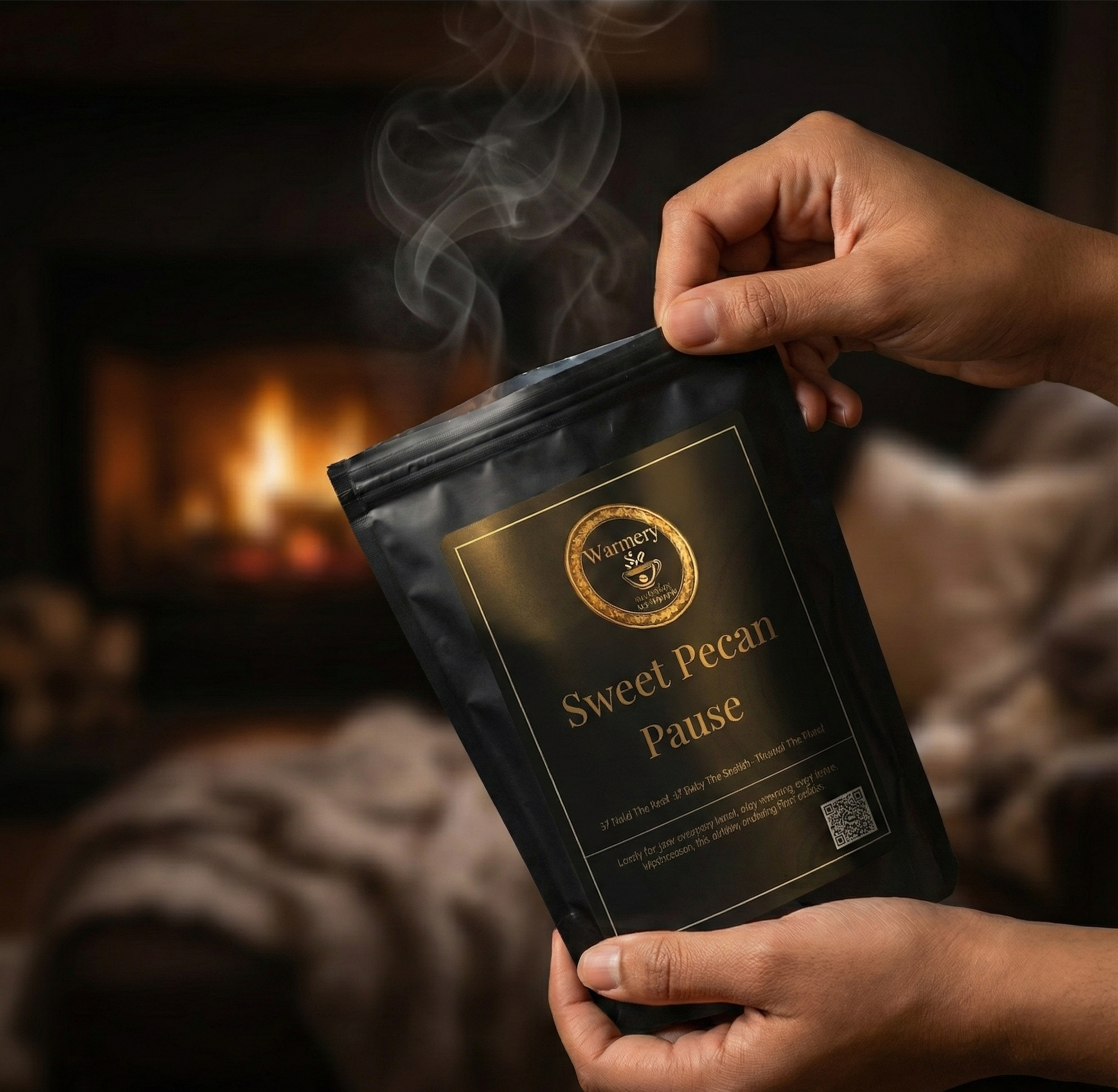 Hands holding sweet pecan coffee