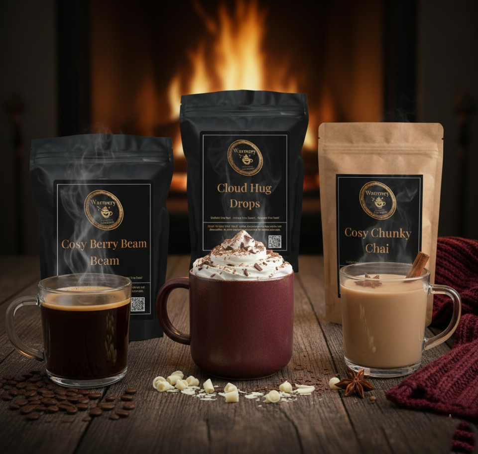 cosy berry beam coffee cloud hug drops hot chocolate and cosy chunky chai tea Warmery