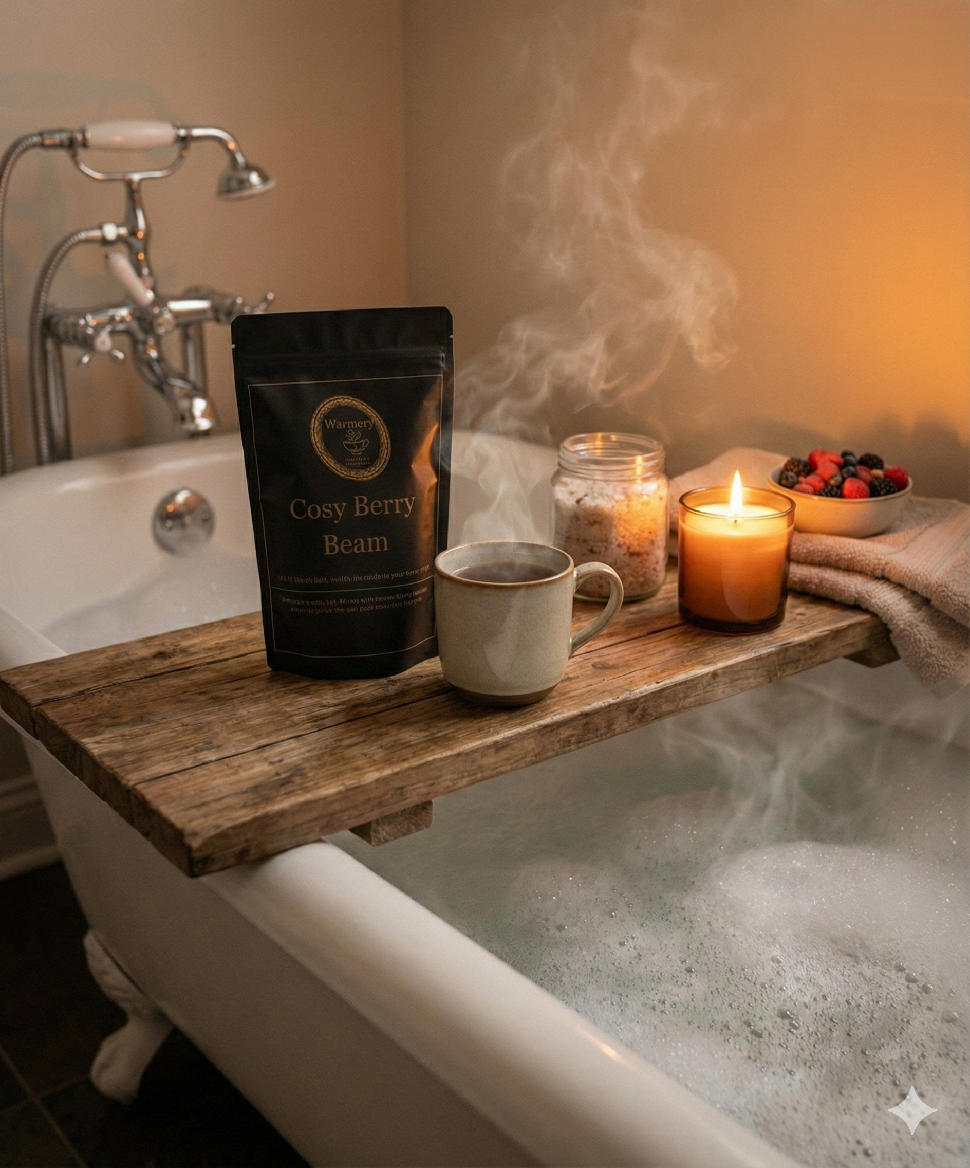 WarmeryCosyBerryBeamCoffeeplacedonthebathtray