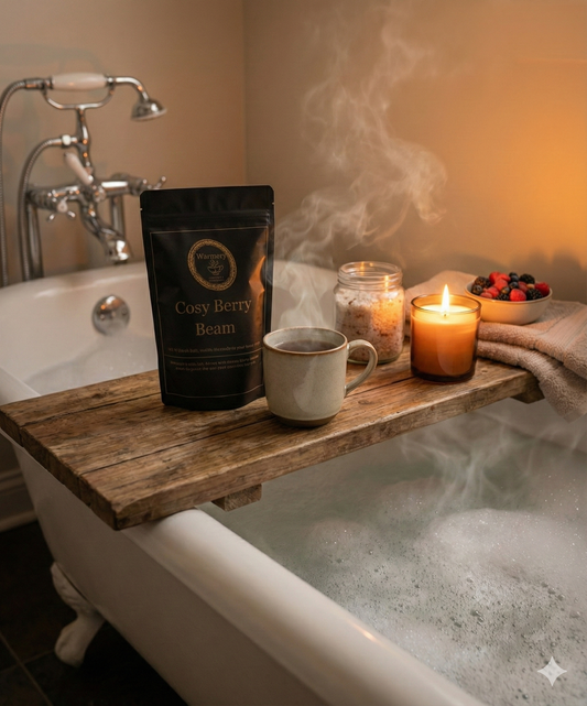 WarmeryCosyBerryBeamCoffeeplacedonthebathtray