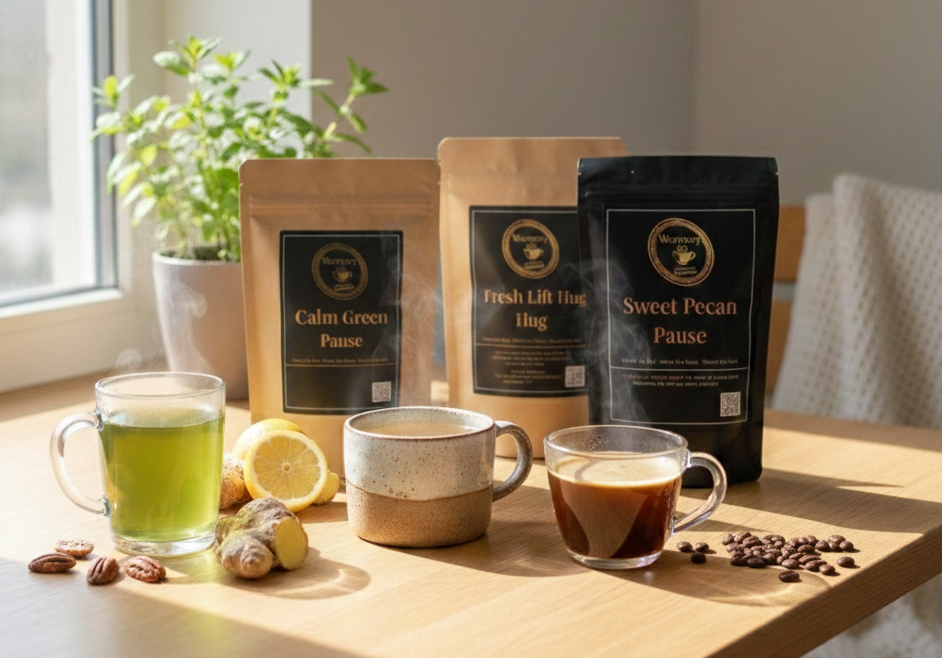 Warmery Green, Lemon and Ginger Teas together with Pecan Coffee