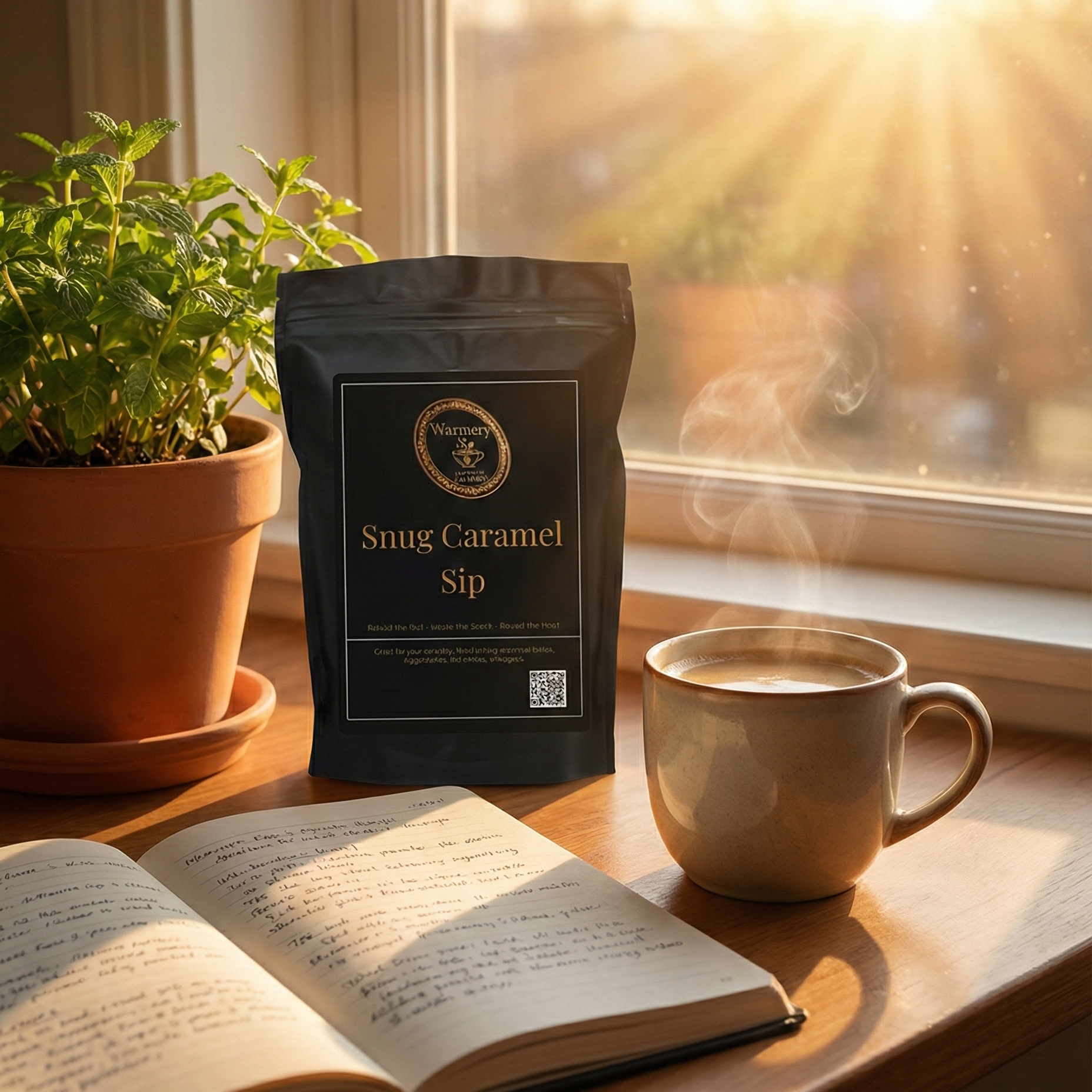 Warmery Snug Caramel Sip Coffee next to window with brewing cup