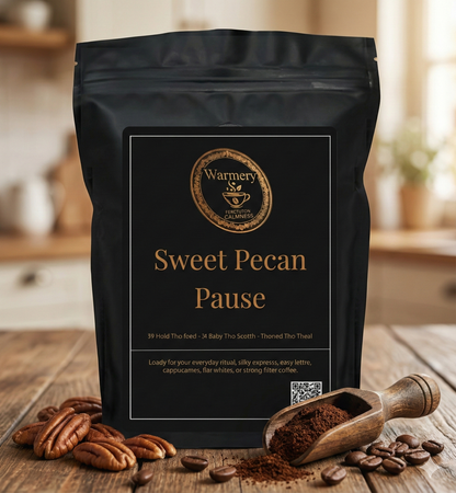 Warmery Sweet Pecan Coffee surounded by coffee beans