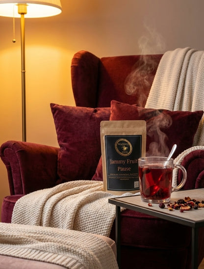 Warmery Jammy Fruit Pause Tea on the armchair
