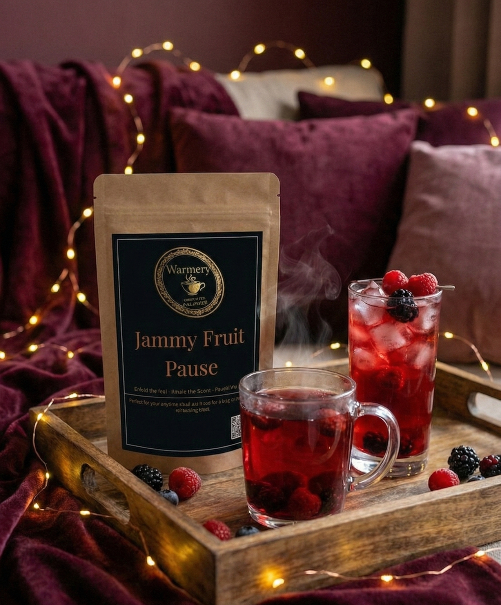 Warmery Jammy Fruit Pause Tea on the tray with fairy lights