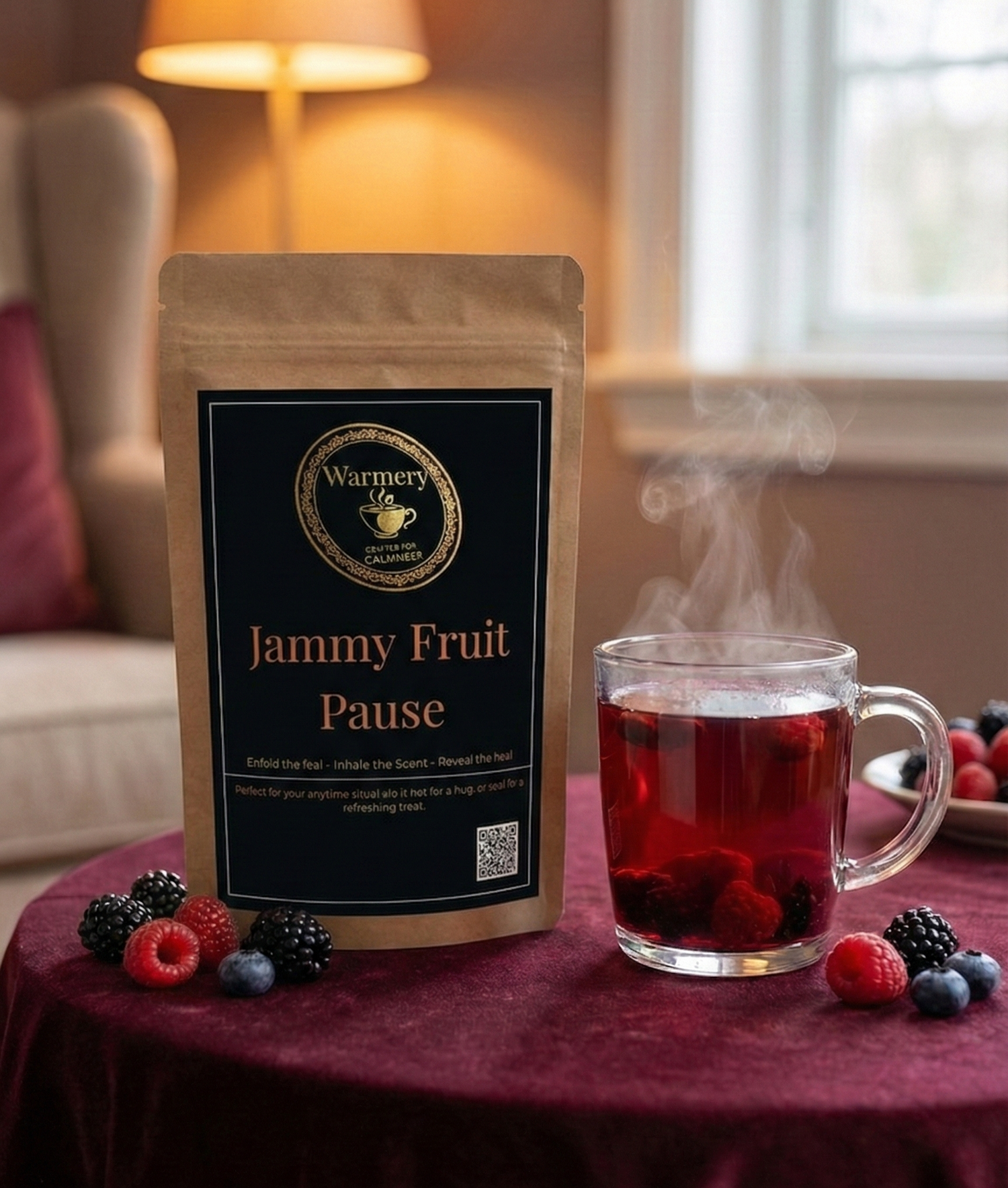 Warmery Jammy Fruit Pause Tea with a tea next to it