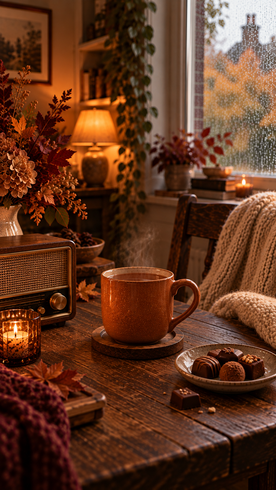 Cosy autumn reading room scene with a steaming burnt orange ceramic mug of tea beside a vintage radio, chocolates on a ceramic plate, a cream knitted blanket and warm candlelight. Autumn foliage, a rain covered window and soft amber lighting create a peaceful British slow living atmosphere.