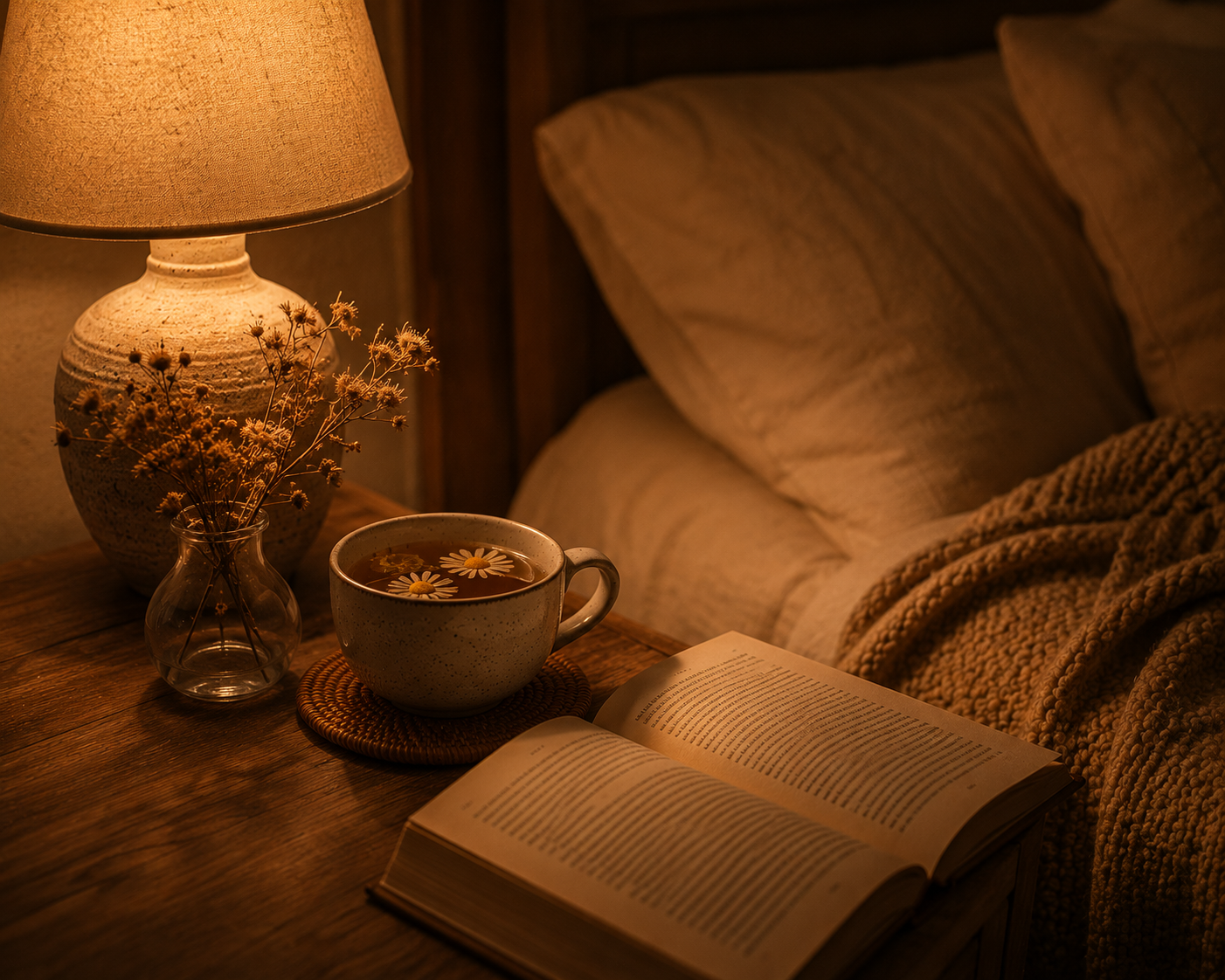 Bedside table featuring a steaming cup of chamomile tea, a warm ceramic table lamp and an open book beside a soft knitted blanket, creating a peaceful evening atmosphere with rich amber lighting and a cinematic slow living aesthetic.