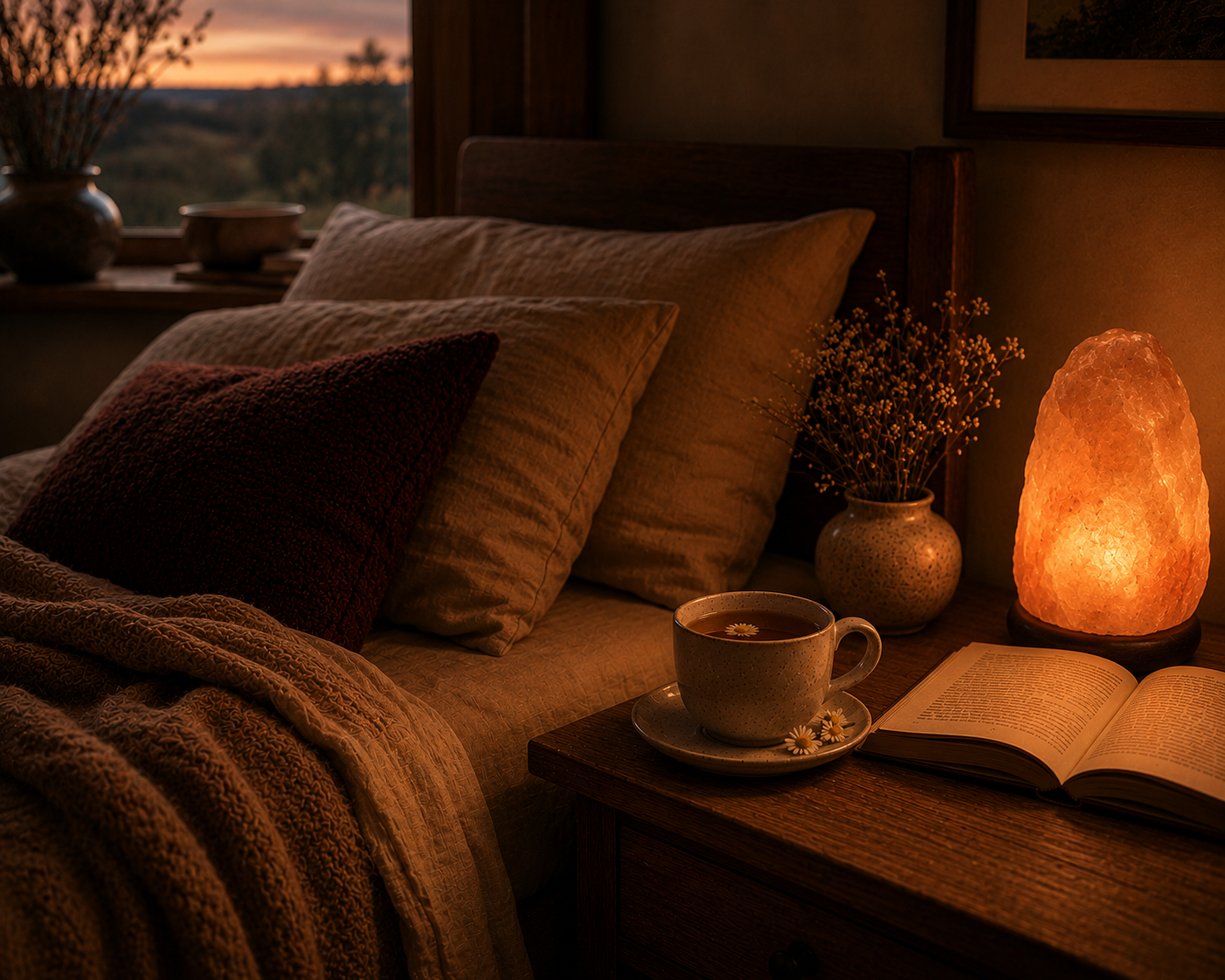 Cosy bedroom at dusk with a bedside table featuring a steaming cup of chamomile tea, an open book and a glowing Himalayan salt lamp beside soft linen bedding, creating a peaceful evening atmosphere with warm amber lighting and a cinematic slow living aesthetic.