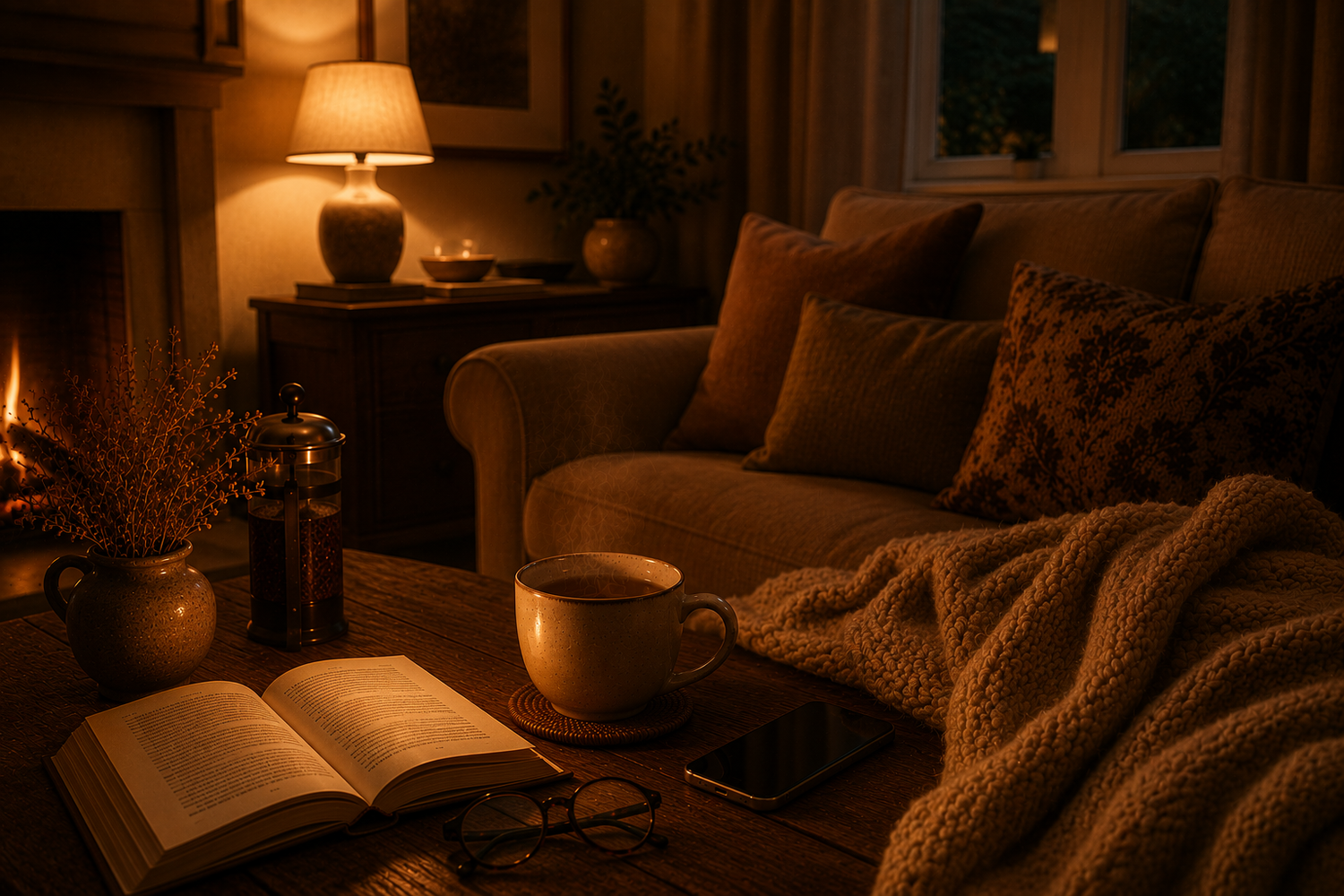 Cosy living room with a steaming cup of tea, an open book and reading glasses on a wooden table, soft lamp lighting, a chunky knitted blanket and warm amber shadows creating a peaceful cinematic slow living atmosphere.