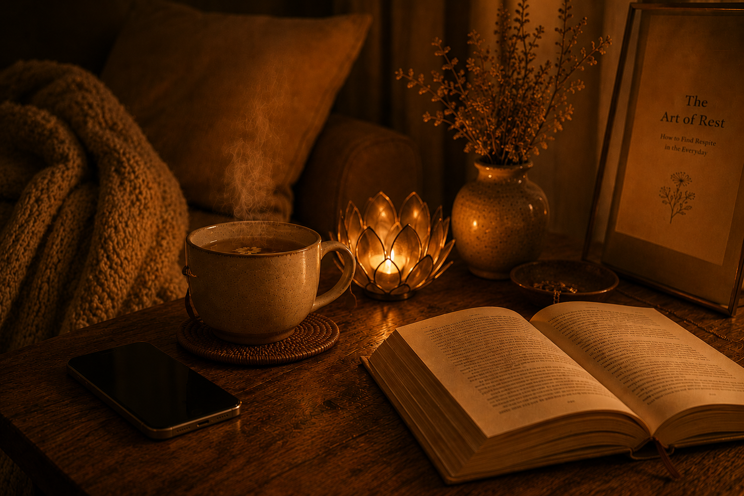 Phone placed face down beside a steaming cup of tea and an open book, illuminated by a decorative lotus candle holder and warm amber lighting, creating a peaceful digital detox atmosphere with a cosy slow living aesthetic.