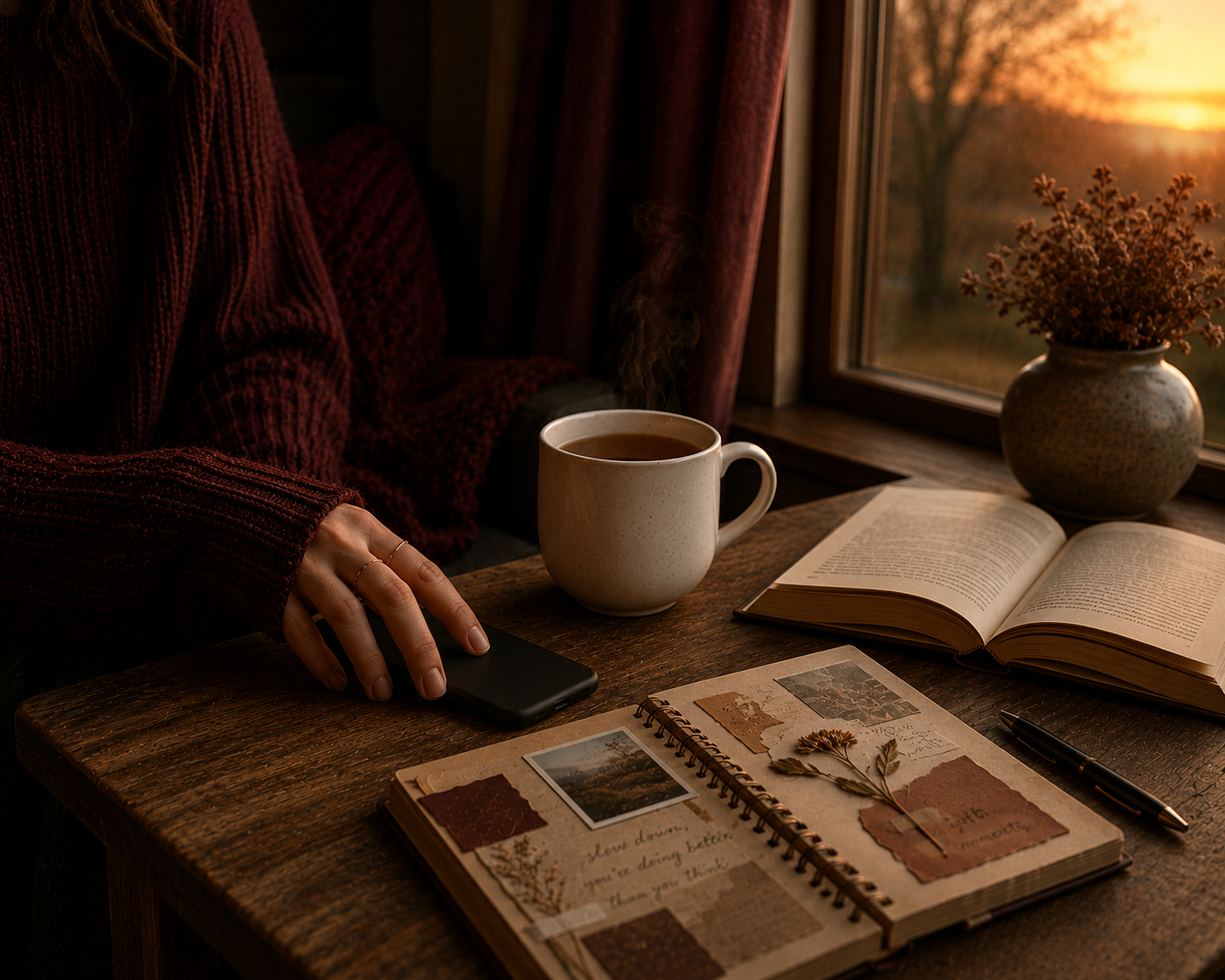 Person placing a mobile phone face down beside a steaming white ceramic mug, an open book and a scrapbook-style journal filled with notes and keepsakes on a rustic wooden table, illuminated by warm evening light through a window, creating a peaceful cinematic slow living atmosphere in the Warmery aesthetic.