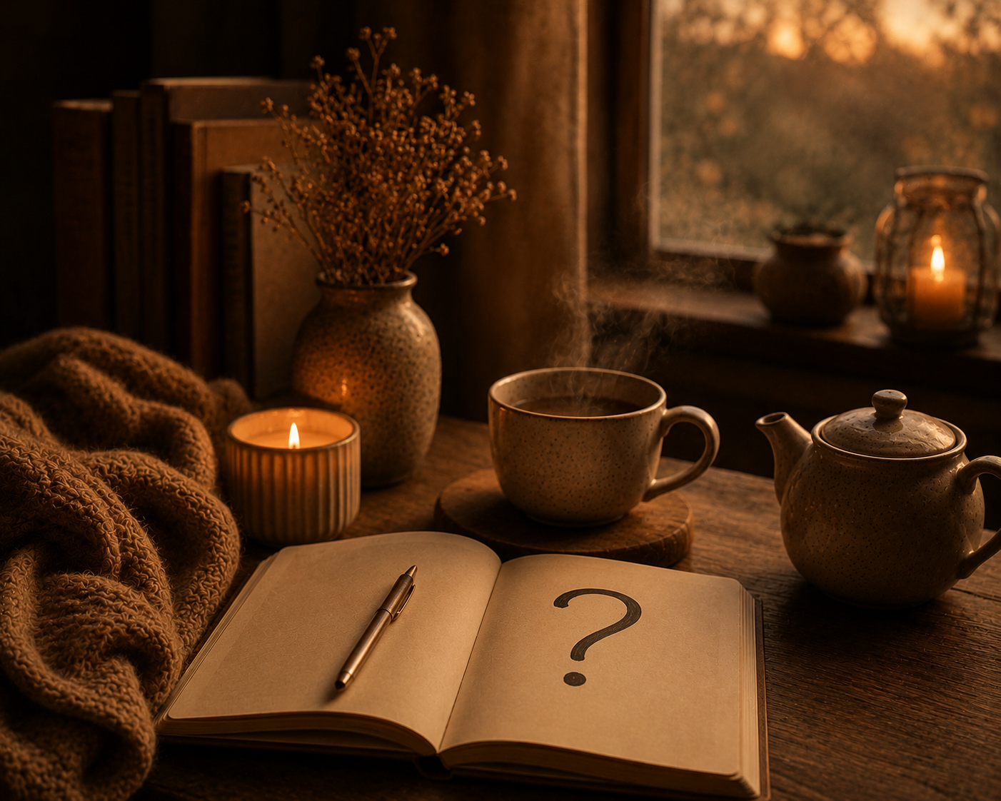 Open notebook with a simple question mark beside a steaming ceramic mug, teapot, pen, cosy knitted blanket and warm candlelight on a rustic wooden table, creating a welcoming slow living atmosphere for a frequently asked questions section.