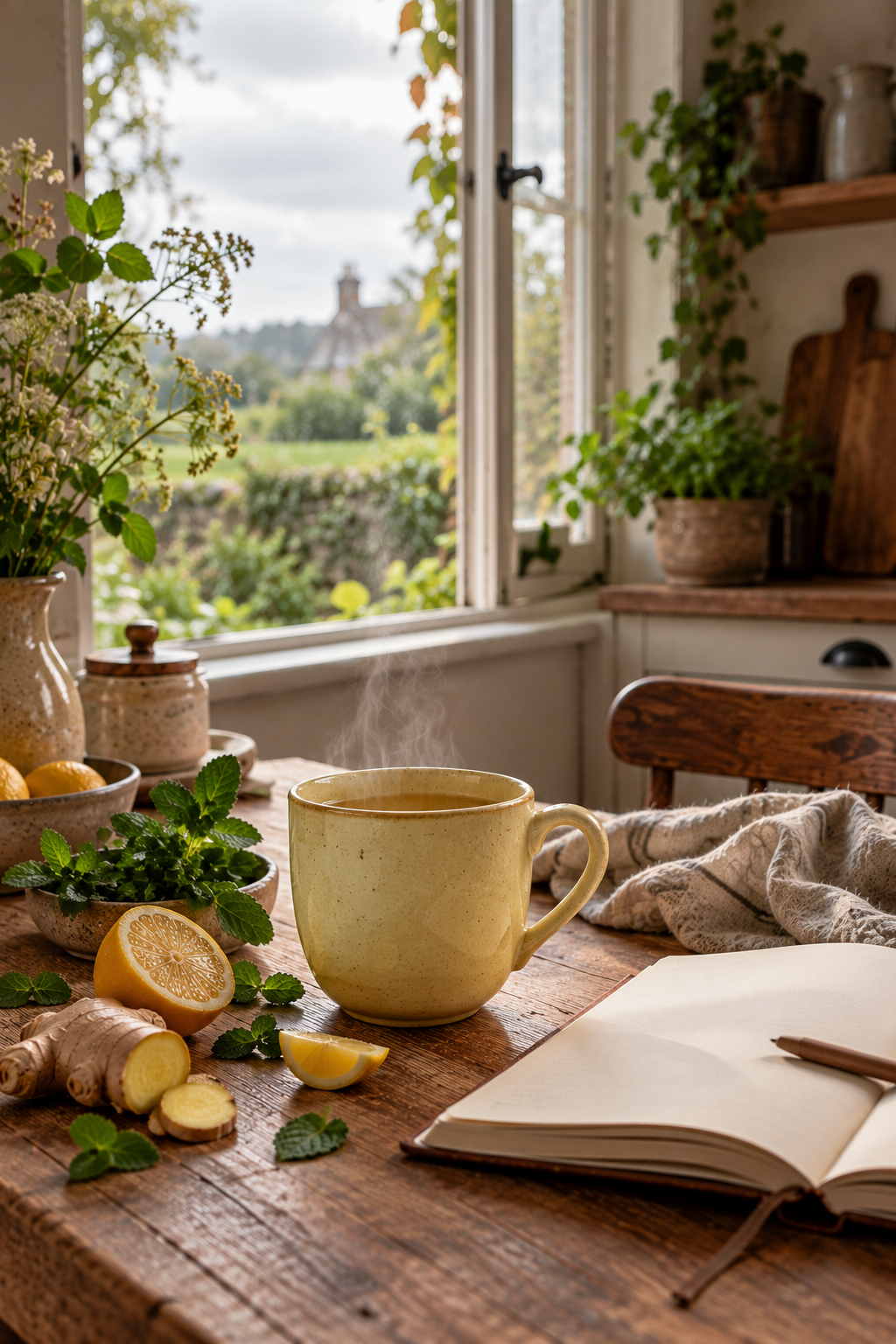 Vertical editorial photograph of a steaming handmade ceramic mug in a warm ginger root inspired colour, surrounded by fresh ginger, lemon and mint on a natural wooden kitchen table. An open notebook, linen cloth and open window overlooking a peaceful British countryside garden create a fresh, calm slow living atmosphere.