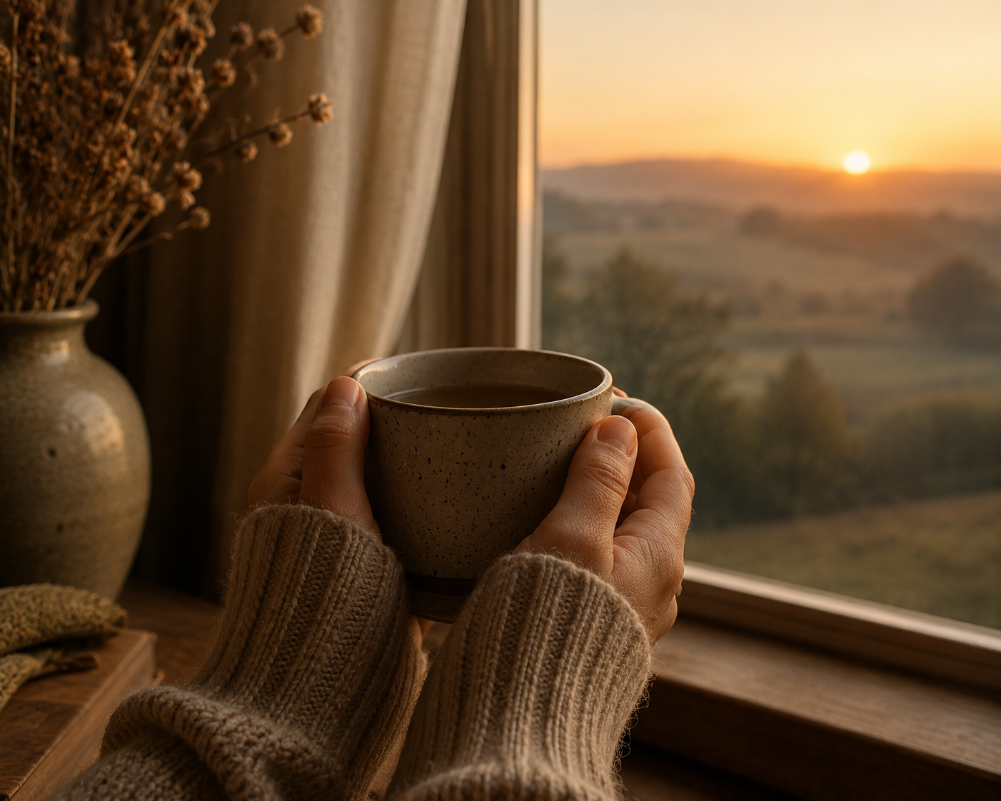 Close-up of hands holding a simple ceramic mug beside a sunrise window, with soft neutral knitwear, warm golden morning light and peaceful countryside views creating a calm slow living atmosphere in the Warmery aesthetic.