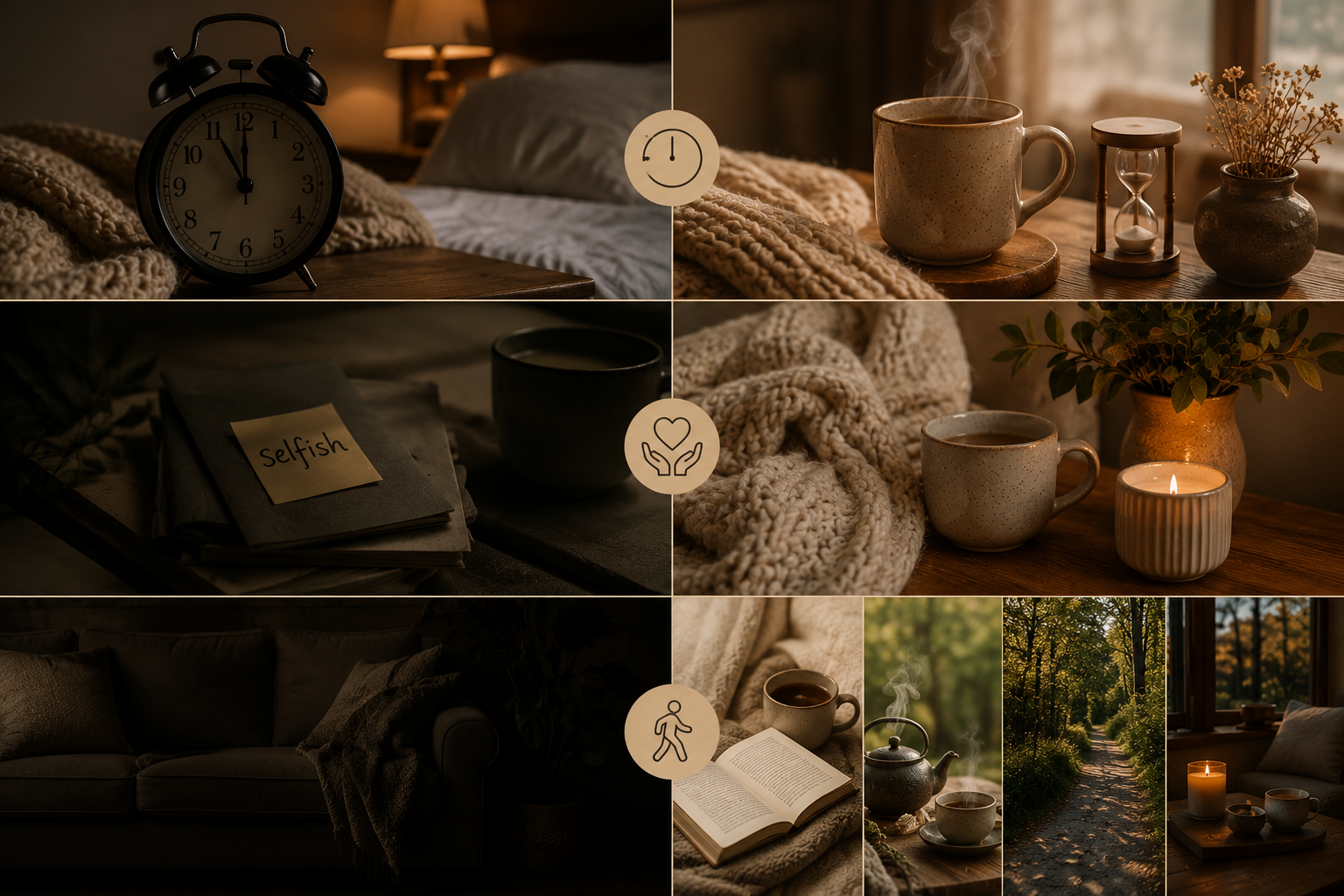 Editorial collage illustrating common myths and realities about rest and self-care, featuring cosy tea rituals, reading, gentle walks, peaceful interiors and warm slow living moments in rich amber and burgundy tones, with no people or faces visible.