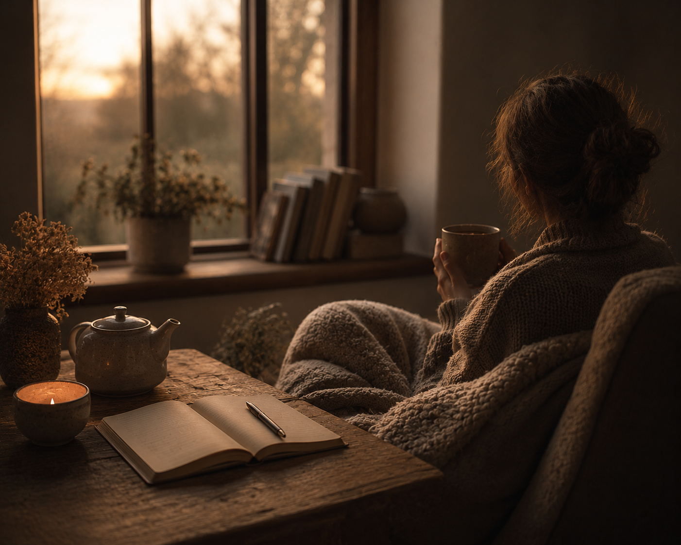 Person with no visible face sitting peacefully in a cosy armchair wrapped in a soft blanket, holding a warm mug beside an open journal and teapot, with gentle golden evening light streaming through the window, creating a calm slow living atmosphere that reflects the importance of rest and wellbeing.