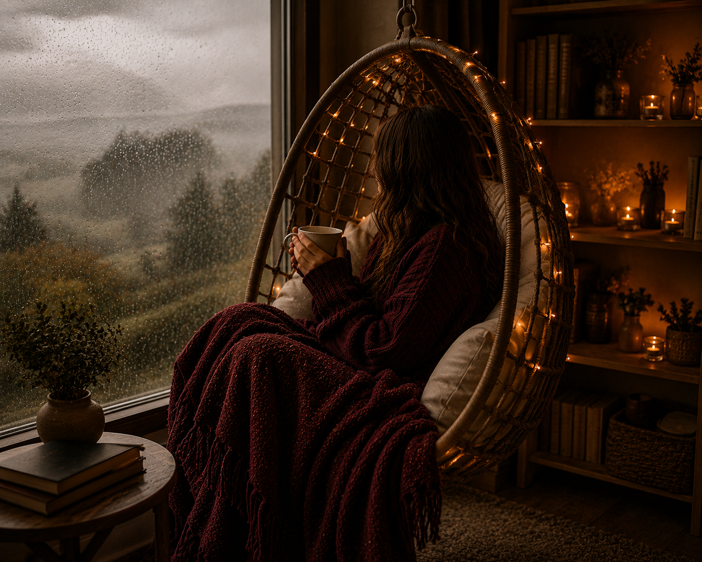 Person with no visible face relaxing in a hanging egg chair beside a rain covered window, wrapped in a burgundy knitted blanket and holding a steaming ceramic mug, with a cosy bookcase glowing with warm amber tea lights in the background, creating a peaceful cinematic slow living atmosphere inspired by the Warmery aesthetic.