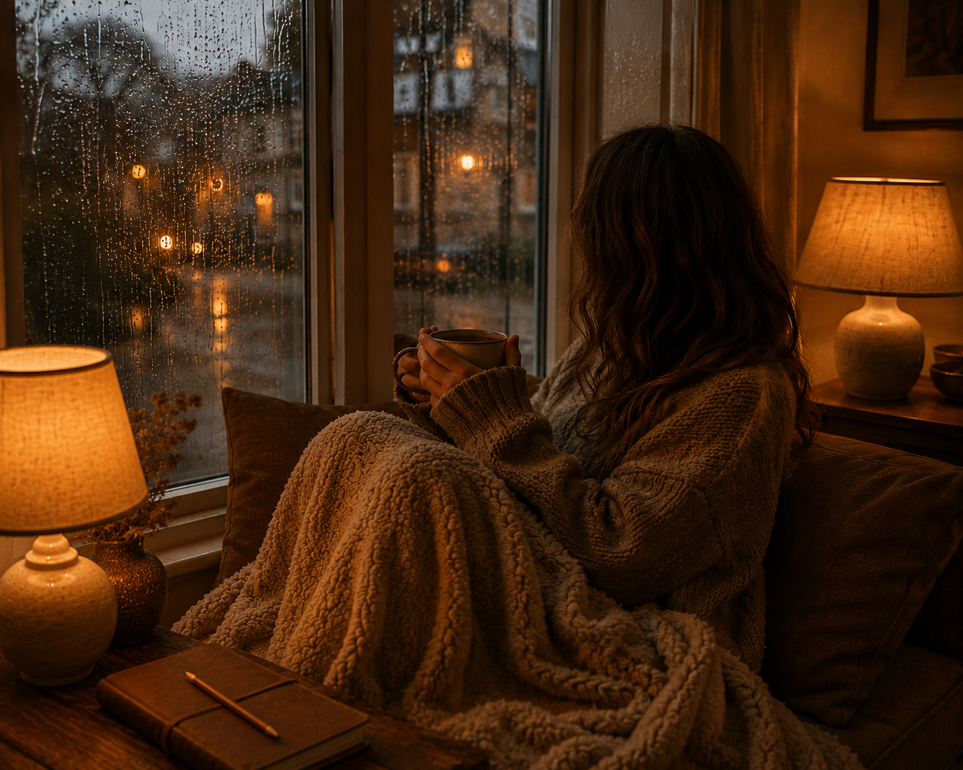 Person with no visible face sitting peacefully by a rain covered window holding a mug of tea, wrapped in a cosy blanket, with two warm table lamps, a journal and pencil nearby, creating a calming slow living atmosphere with rich amber tones and a peaceful evening mood.