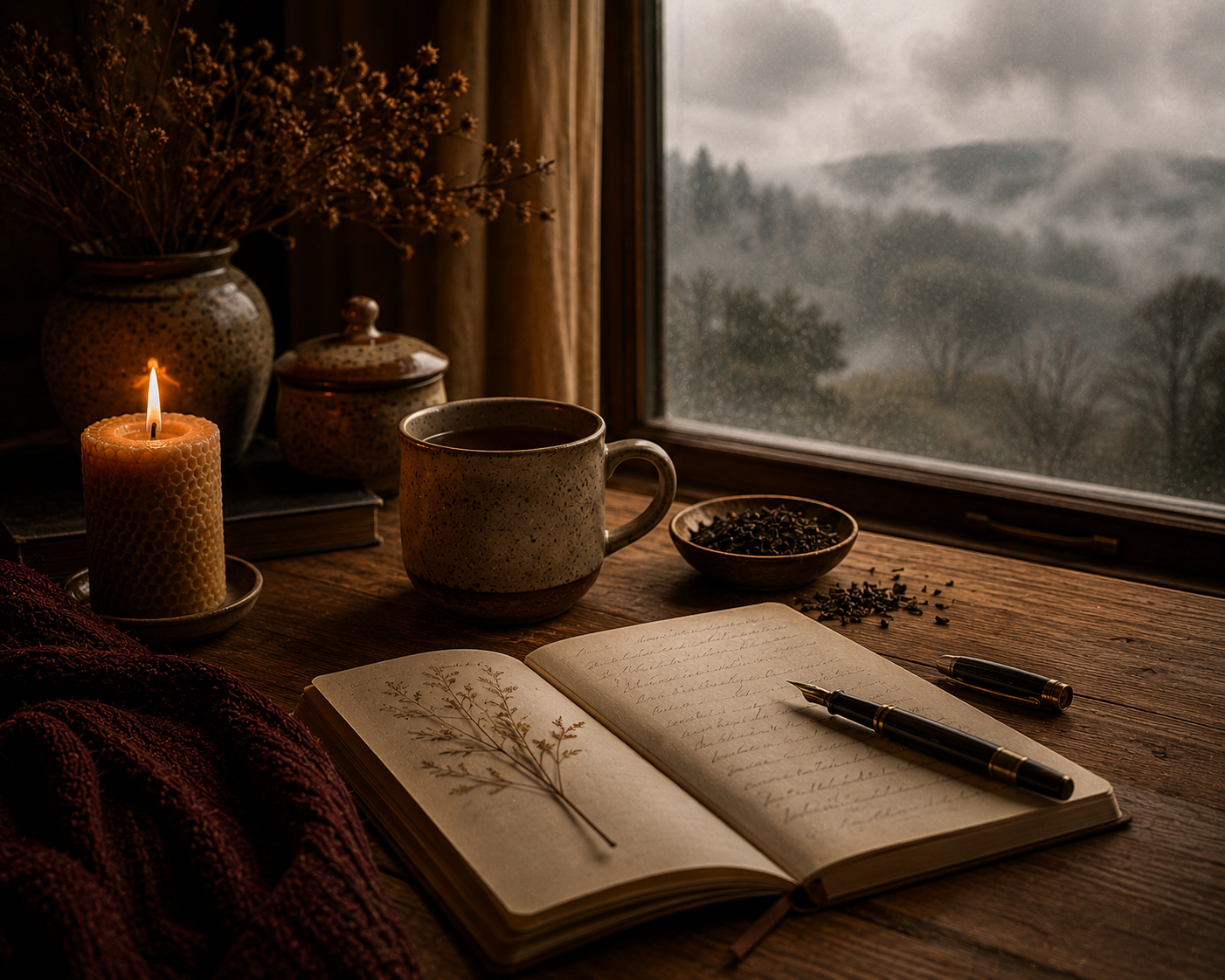 Warm wooden table featuring an open journal, fountain pen, loose leaf tea, a steaming ceramic mug and a natural beeswax candle beside a window overlooking a foggy countryside, creating a peaceful cinematic slow living atmosphere in Warmery's warm gold and amber aesthetic.