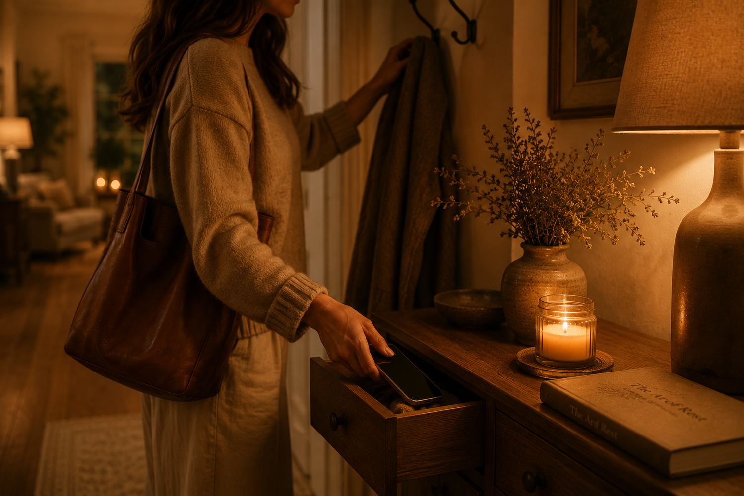 Person hanging up their coat and placing their phone inside a hallway drawer, surrounded by warm amber lighting, candlelight and cosy home decor, creating a peaceful slow living evening ritual atmosphere inspired by the Warmery aesthetic.