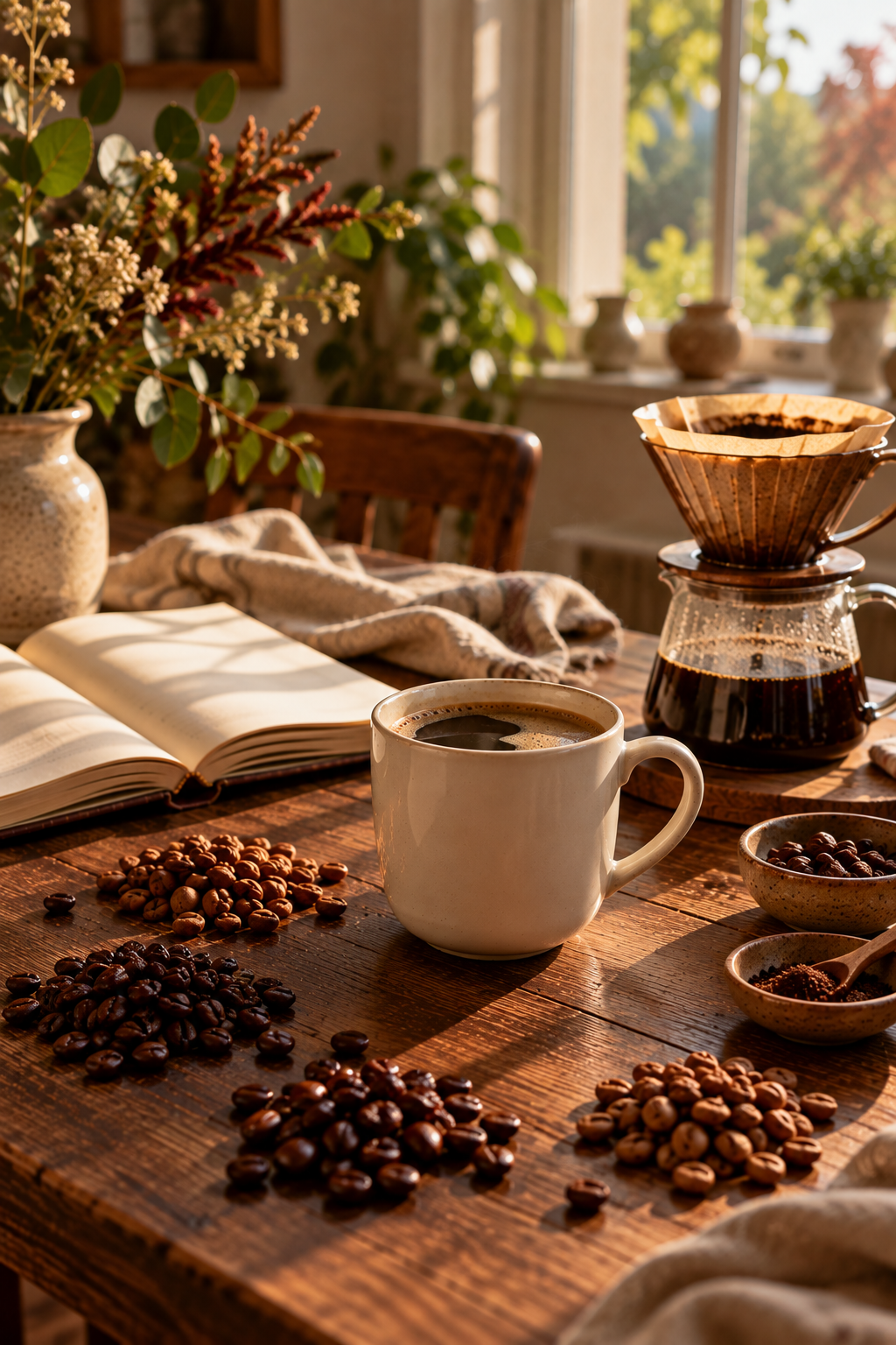 Vertical editorial coffee scene featuring a simple cream mug of freshly brewed coffee, four groups of coffee beans, a pour over brewer, open coffee journal and folded linen cloth on a natural wooden table. Warm morning light and soft autumn foliage create a calm British slow living atmosphere.
