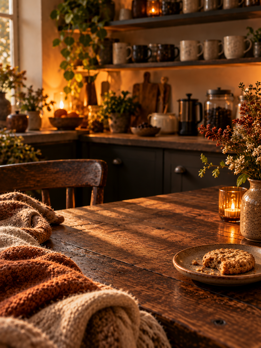 Cosy autumn British kitchen with a rustic dark wooden table, cream and rust knitted blanket, imperfect oat biscuits on a ceramic plate, dried autumn flowers and warm amber candlelight. Soft kitchen shelving and natural textures create a relaxed, lived in slow living atmosphere.